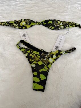 White Fox Boutique Lime Green and Black Printed Bikini Set